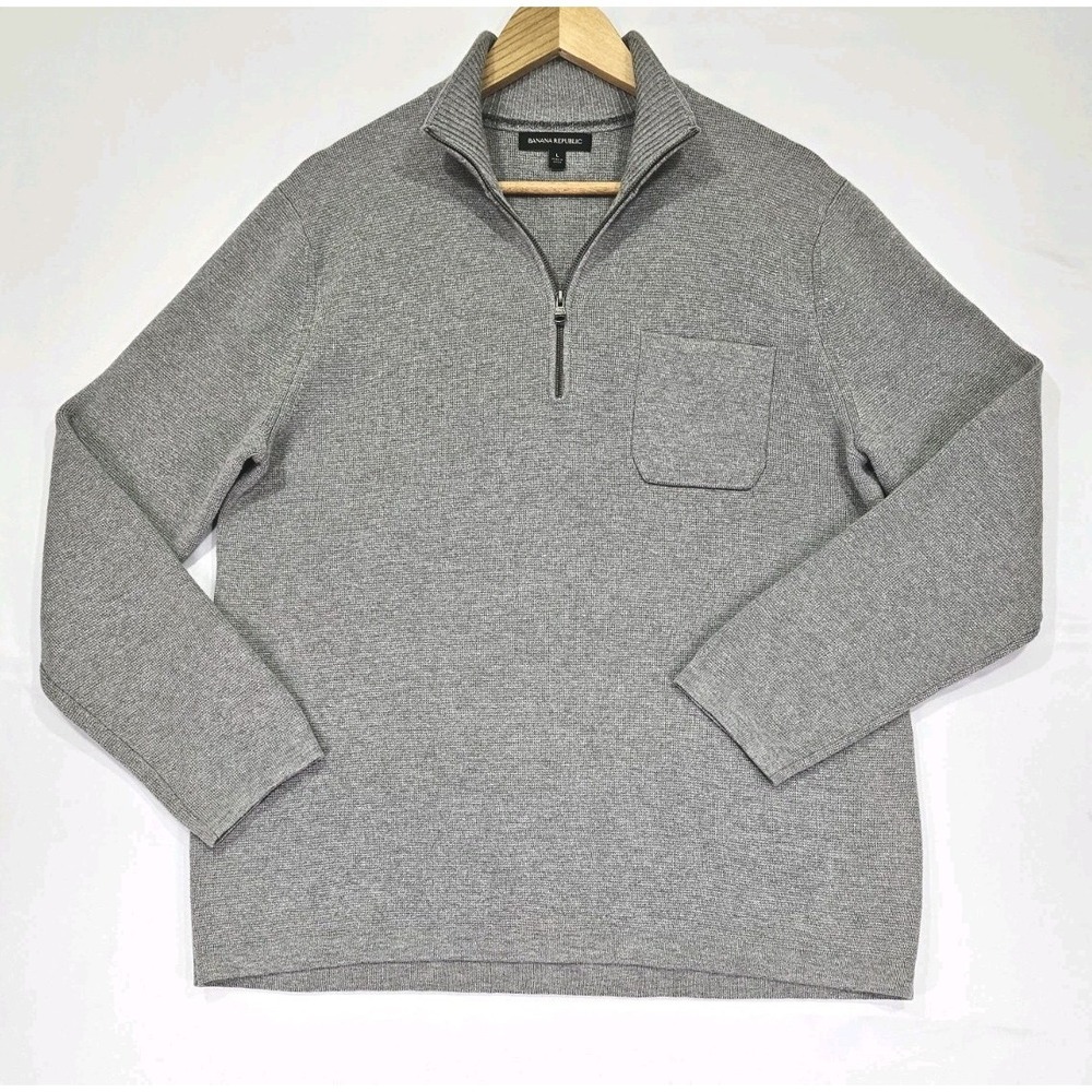 Banana Republic Men Large Grey Quarter Half Zip Thick Warm Cozy Sweater W Pocket